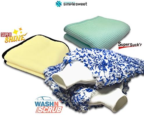 3in1 Microfiber Wash Mitt, Drying Towel, Wax &amp; Polish Towel for Cars - Car Wash Detailing Cleaning Care Kit - Beats Chamois, Cotton, Synthetic Made - SimpleSweet Auto Supplies