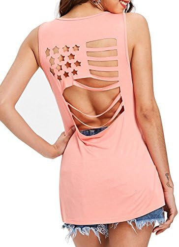 Women Casual American Flag Pattem Sleeveless T-Shirt Top Carved a Hole Sleeveless Tank (Pink, S)