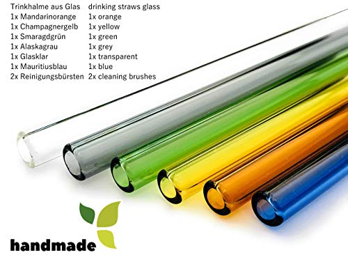 safe2bio 6 Stück farbige Premium Strohhalme aus Glas inkl. 2 Reinigungsbürsten, Trinkhalme bunt 20 cm lang, Glasstrohalme AD 8 mm, Trinkhalm recyclebar, Cocktail, Smoothie, gebogen – Bild 7