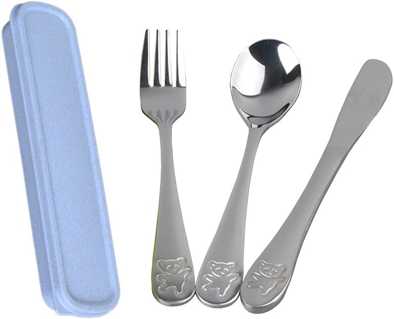 Bear Pattern Kids Utensils 3pcs Set Case (Light Blue)
