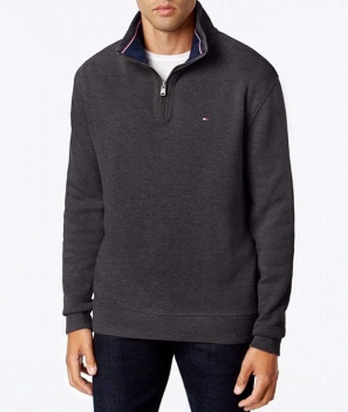 Tommy Hilfiger Men's French Rib QuarterZip Sweater, L, Charcoal Grey