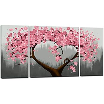 sechars - Canvas Art Prints 3 Piece Pink Flower Paintings for Wall Modern Home Living Room Decoration Floral Pictures Wall Decor Framed Giclee Artwork Ready to Hang (Pink)