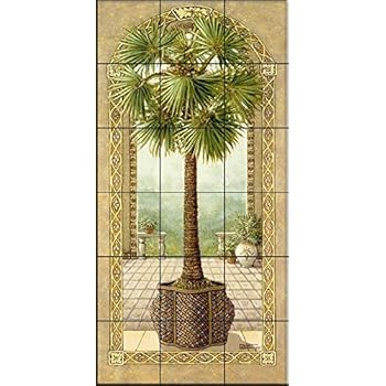 Ceramic Tile Mural - Palm Tree in Basket II- by Janet Kruskamp - Kitchen backsplash/Bathroom Shower