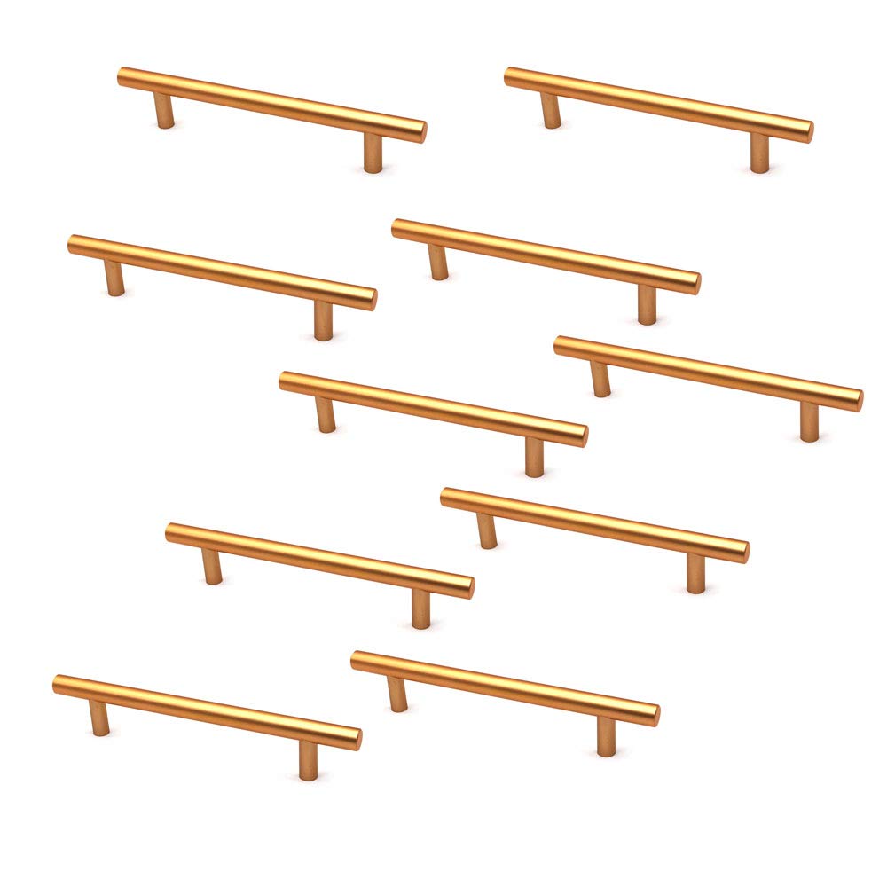 Set of 10 NUZAMAS Cabinet Door T-Handles and Pulls, Furniture Drawer Handles, Zinc Alloy, 177mm Long, Kitchen Cabinet Wardrobe Knobs Bars, Center to Center 128mm Gold Color