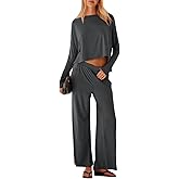 UNIANKIYA Womens 2 Piece Lounge Set Long Sleeve Oversized Crop Tops and Wide Leg Pants with Pocket Casual Pajama Matching Set