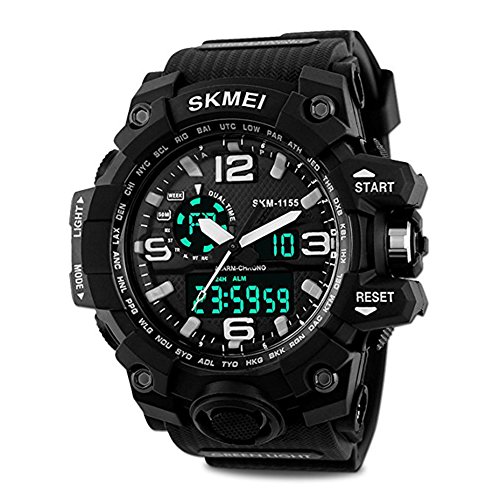 Mens Military Sport Digital Wrist Watch Kids Large Dual Dial Time EL Backlight Resin Band Watch Black