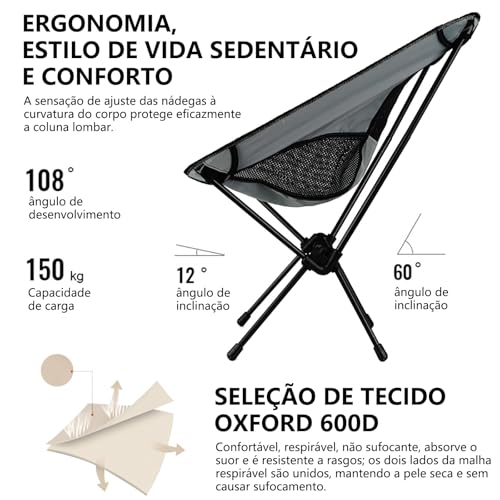 Cadeira Camping, GODREAM Cadeira Camping Dobravel para Acampamento, com Bolsa de Transporte, Estrutura de Aço Carbono e Tecido Poliéster Resistente Premium, Suportar Até 150 kg, Portatil (Cinza)
