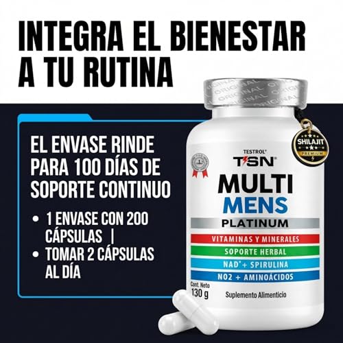24 Vitaminas y Minerales para Hombres, con Precursor de Óxido Nítrico, Arginina y Citrulina + Soporte Herbal Fenogreco, SHILAJIT, Maca y NAD+ | Multi Mens | TSN Testrol 200 Cápsulas