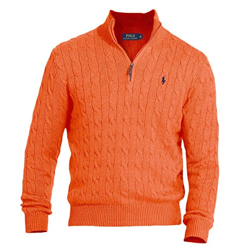 Polo Ralph Lauren Mens Cable Knit 1/2 Zip Mock Turtleneck Sweater Orange L