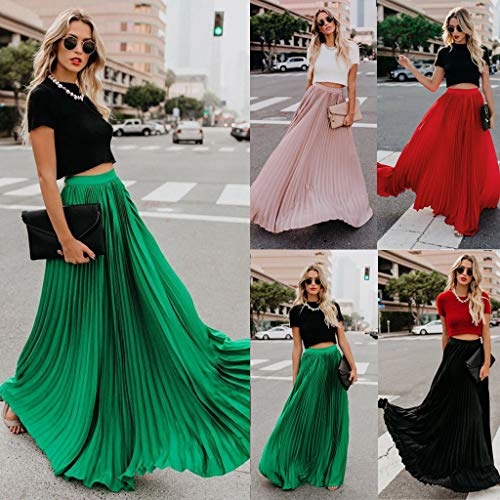 Tantisy ♣↭♣ Women Fashion Pleated Long Skirts Simple Solid Dress High Waist Fold Ladies Sexy Skirts Pink - Thumbnail 5