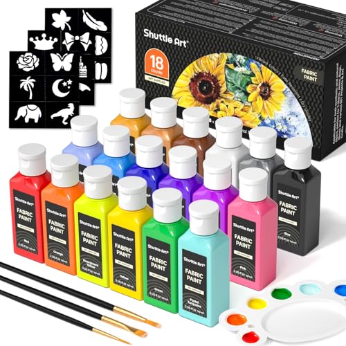Shuttle Art Fabric Paint, 18 Colors Permanent Soft Fabric Paint in Bottles (60ml/2oz) with Brushes, Palette, Stencils, Non-Toxic Textile Paint for T-Shirts, Shoes, Jeans, Bags, DIY Projects&Art