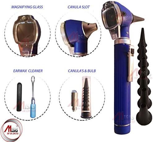 Mini Otoscope ENT Optical Fibre LED Illumination Medical Diagnostic Examination CE Approved (Blue) with Ear Wax Cleaner and 1 Extra Bulb