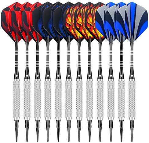 Sametop Soft Tip Darts Set 12 Packs Darts 16 Grams with 5 Style Flights, Aluminum Shafts, Silver Steel Barrels, 100 Dart Tips and Darts Tool