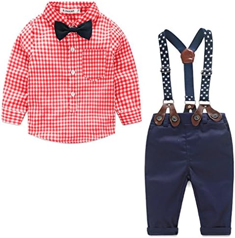 Kids Boys Fashion Lattice Long Sleeve Shirt and Straps Pants Outfits