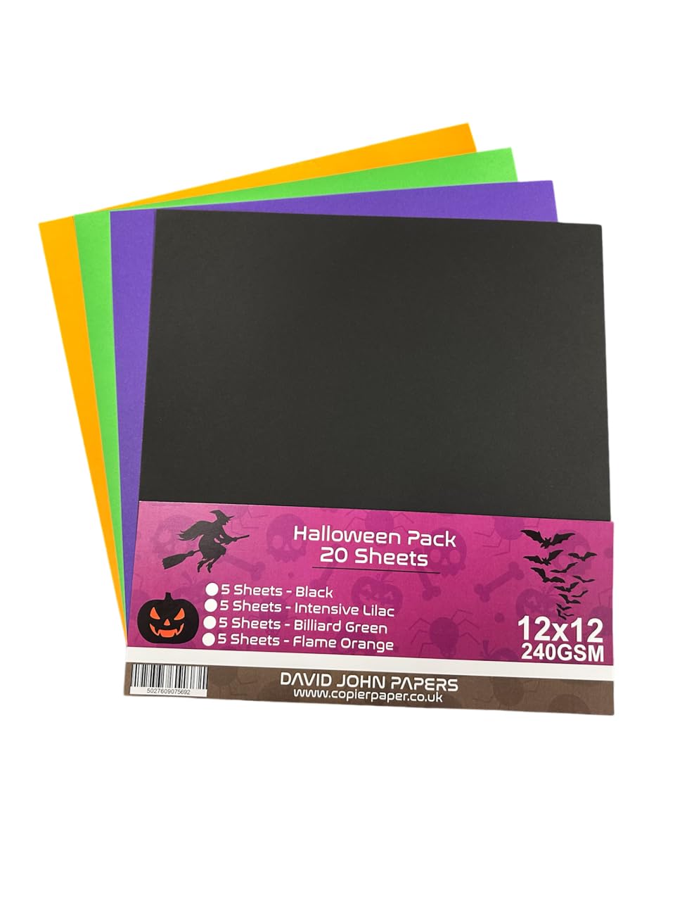 DJP 12 x 12 Halloween Coloured Blank Cardstock - 240gsm - 20 Sheets (5 Each Colour)