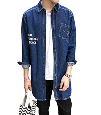 Amazon Reirei メンズ 春夏ロング丈デニム シャツ デニムコート