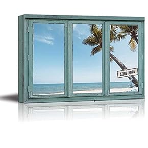3 Frame Window Overlooking a Beach with Palm Trees