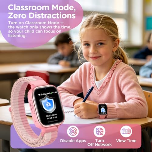 Velmood 4G Smart Watch for Girls, Smartwatch for Girls with GPS and Calls, Video Calls, Voice Chat, SOS, School Mode, Pedometer, Sleep, Alarm Clock IP68 for Girls Boys Pink