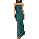 Women's Summer Satin Strapless Tube Top Maxi Dress Elegant Silk Backless Halter Neck Formal Party Dresses Wedding Guest Deep Green