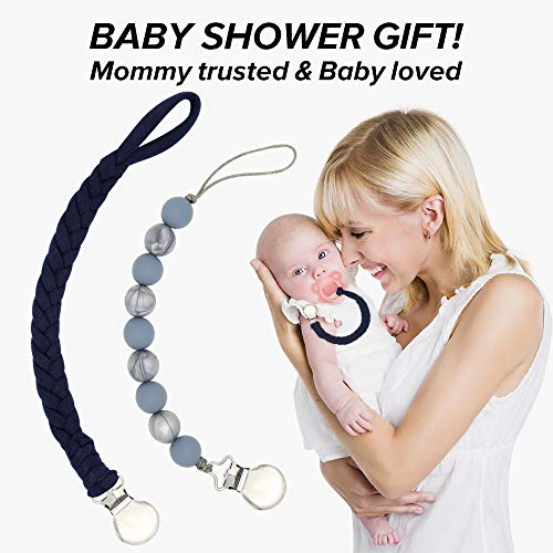 Pacifier Clips, Pack of 4 Hand-Made Braided Pacifier Leash for Boys& Girls, Flexible Baby Teething Ring Holders for All Pacifiers, Teether Toys, Soothie (2 Pack(Dark Gray+ Navy Blue))