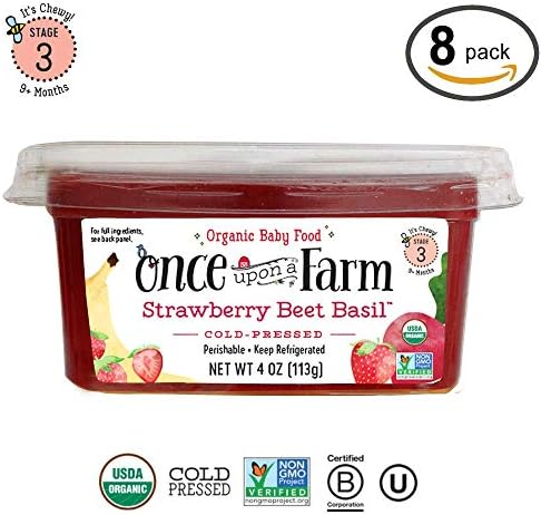 Once Upon A Farm Organic Stage 3 | Baby Food Strawberry Beet Basil Cups | Cold Pressed | Refrigerated | For 9+ Months | Pack of 8