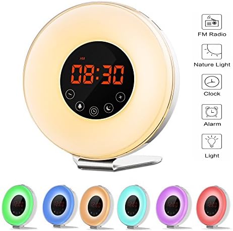 Wake Up Light Digital Smart Alarm Clock with 6 Natural Sounds and FM Radio, Sunrise and Sunset Simulation,7 colors Night light with Snooze Function,Touch Control