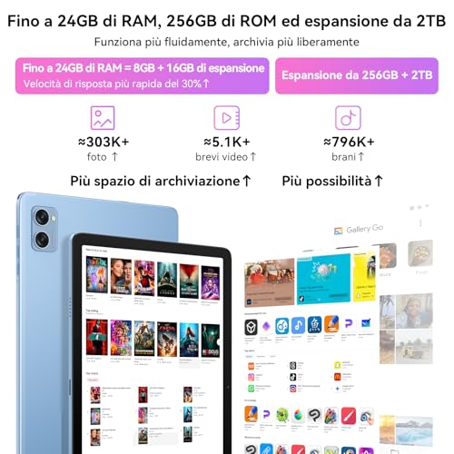 TABWEE Android 16 Tablet con Tastiera - 24 GB RAM+ 256 GB ROM(2 TB TF), Octa-Core, Gemini AI, Widevine L1, Tablet 10 Pollici, 5000 mAh, 8 MP+5 MP, Face ID, 3.5 mm Jack Port -Blu (4 Anni Garanzia)