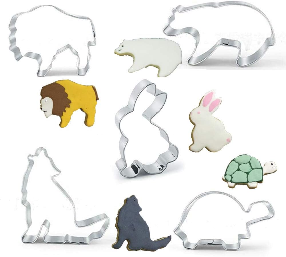 KeepingcooX5-Piece Polar Bear Hare/Rabbit Wolf Lion Turtle Cookie Cutter Cake Mould Stainless Steel