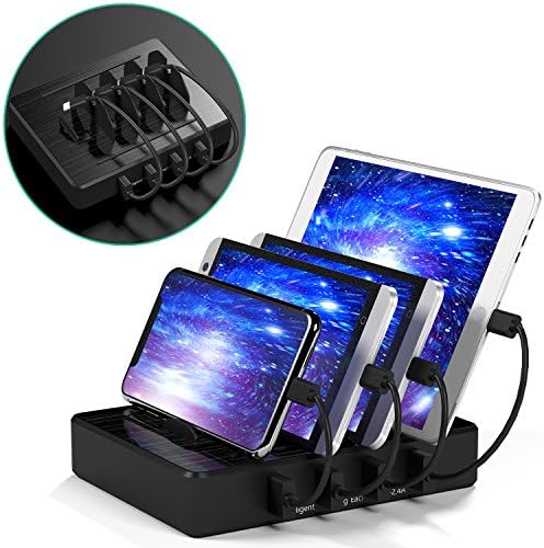 Multi Devices USB Charging Station Organizer for Multiple Devices IMLEZON 4-Port Docking Station (Black, including short cables 2 for Apple and 2 for Android)