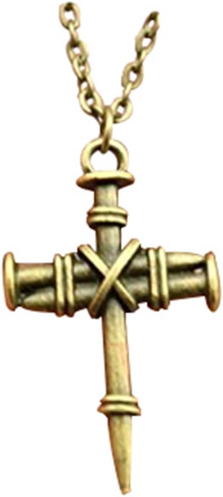vintage antique bronze plated nail cross pendant necklace