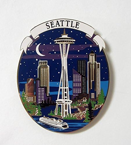 Seattle Magnet Souvenir City Skyline at Night Space Needle Waterfront Ferry Ship