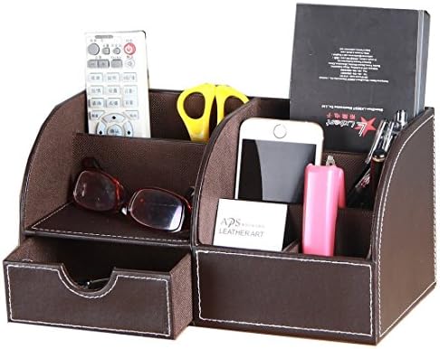 Office Desk Organizer + Drawer Keeps Supplies, Desktop Accessories Neat. Perfect for Executive. Business Card Holder. Home and Kitchen Organization. Faux Leather. Vintage Retro Furniture. Brown