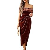 Off The Shoulder Vintage Velvet Bodycon Midi Dress for Women Wrap Slit Elegant Cocktail Party Evening Pencil Dress