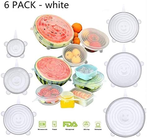 wellplus Silicone Vacuum lids White Stretchable Microwave Safe Covers for All Shape Rectangle, Round. Square,Dishes,Plates, Cans, Jar,Bowl, Glass, Fruits Wraps Seal Covers 1 Set (6)