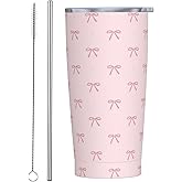 Kaireno Bow Tumbler Pink Insulated Tumblers with Lid Straw Reusable Cute Coffee Travel Mug Tea Wine Cups Birthday Gifts for Women 20 Oz