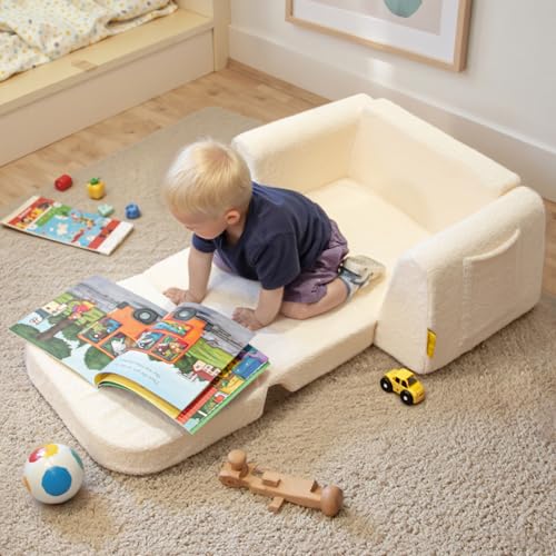 BanaSuper 2-in-1 Convertible Children's Sofa Bed, Folding Armchair for Babies, Armchair for Children, Widened Base, Removable Washable Cover, Gift for Boys Girls in Yellowish Beige