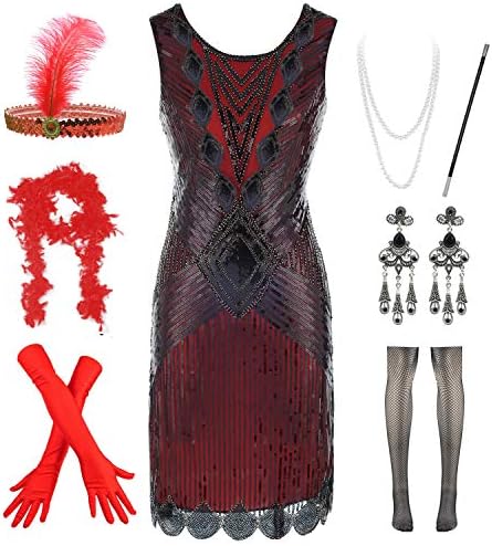 Women 1920s Sequin Beaded Tassels Hem Flapper Dress with 20s Headband Accessories Set