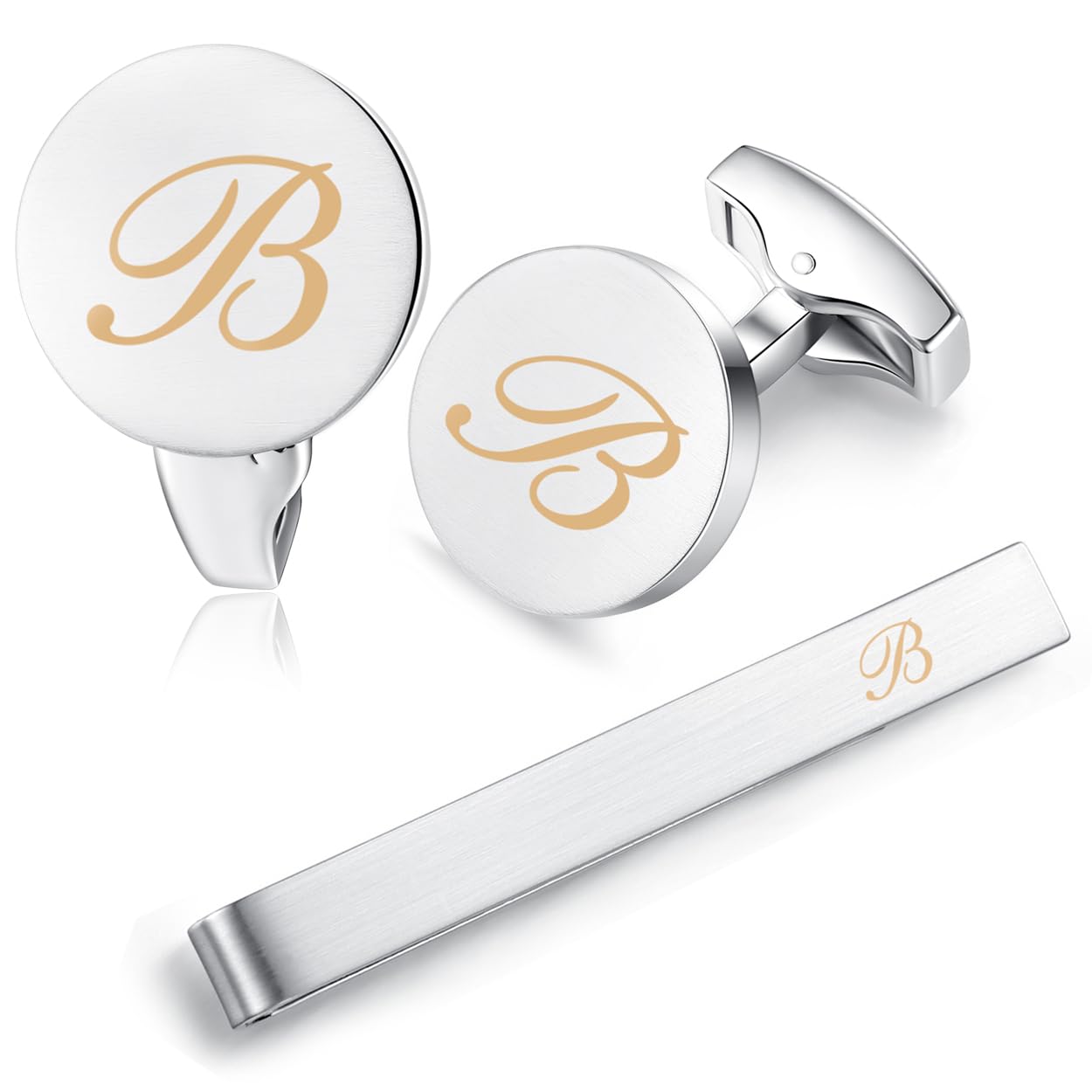 HONEY BEAR Initial Alphabet Letter Cufflinks Tie Clip Set for Mens - Brushed Silver Round for Business Wedding Gift A - Z