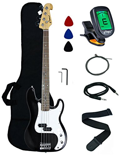 Crescent Electric Bass Guitar Starter Kit - Black Color (Includes CrescentTM Digital E-Tuner)