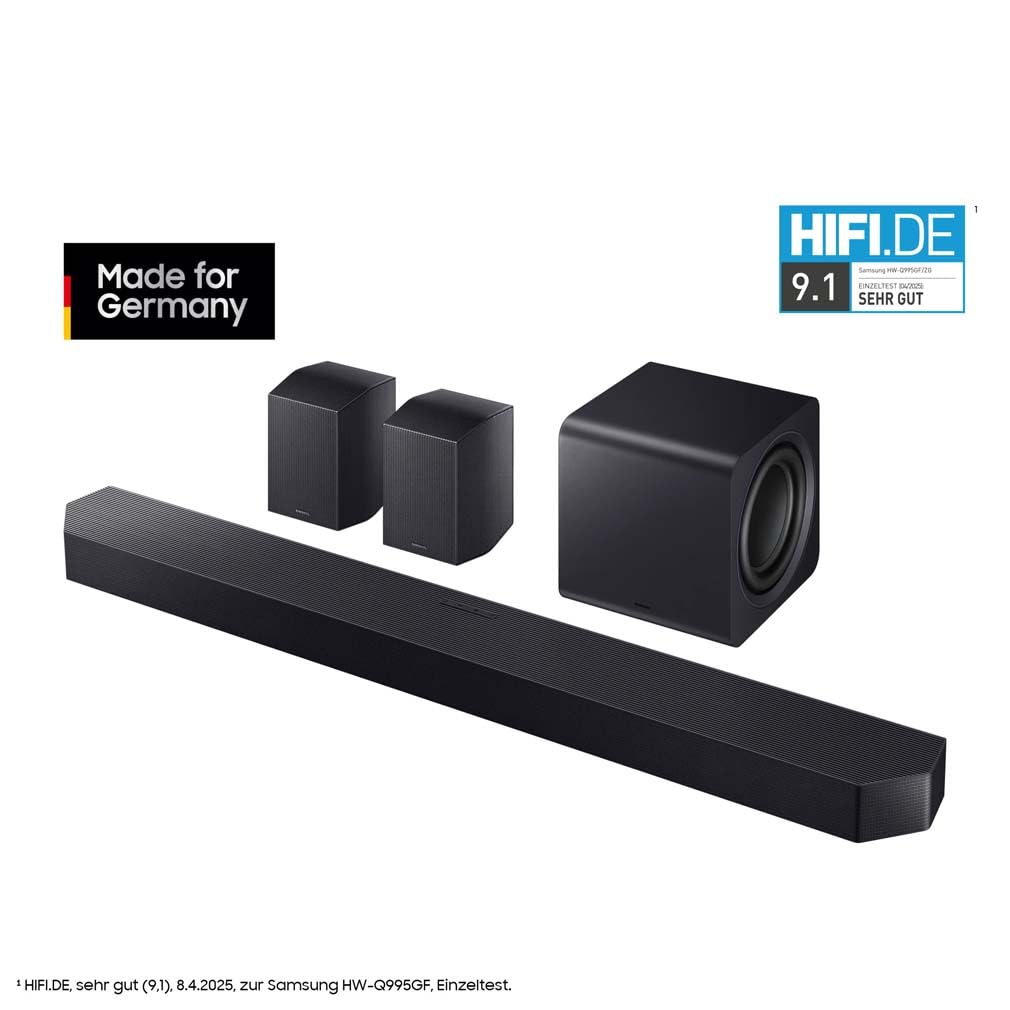 Samsung HW-Q995GF Q-Series 11.1.4-Kanal-Soundbar für Fernseher, Kabelloser 8"-Dual-Subwoofer, 4.0.2-Kanal-Rücklautsprecher, Kabelloses Dolby Atmos und DTS:X, SpaceFit Sound Pro, Q-Symphony 4