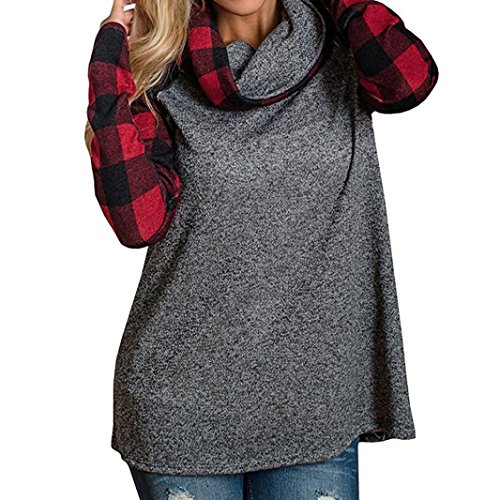 Tsmile Womens Turtleneck Cowl Neck Tops Plaid Patchwork Shirts Oversized Tunic Long Sleeve Pullover (Red, 2XL)