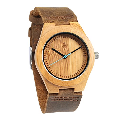 Treehut Men's Wooden Bamboo Watch with Genuine Brown Leather Strap Quartz Ana...