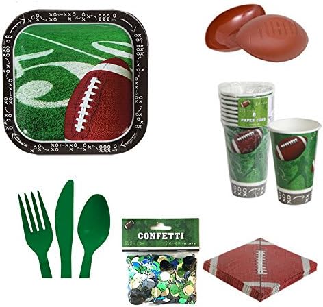 Football Tailgate Party Supply Pack: Includes Plates, Cups, Napkins, Cutlery Set, Football Bowl, and Confetti