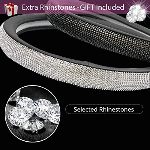 Zadin New Diamond Leather Steering Wheel Cover with Bling Bling Crystal Rhinestones, Universal Fit 15 Inch Anti-Slip Wheel Protector for Women Girls,Black - Thumbnail 7