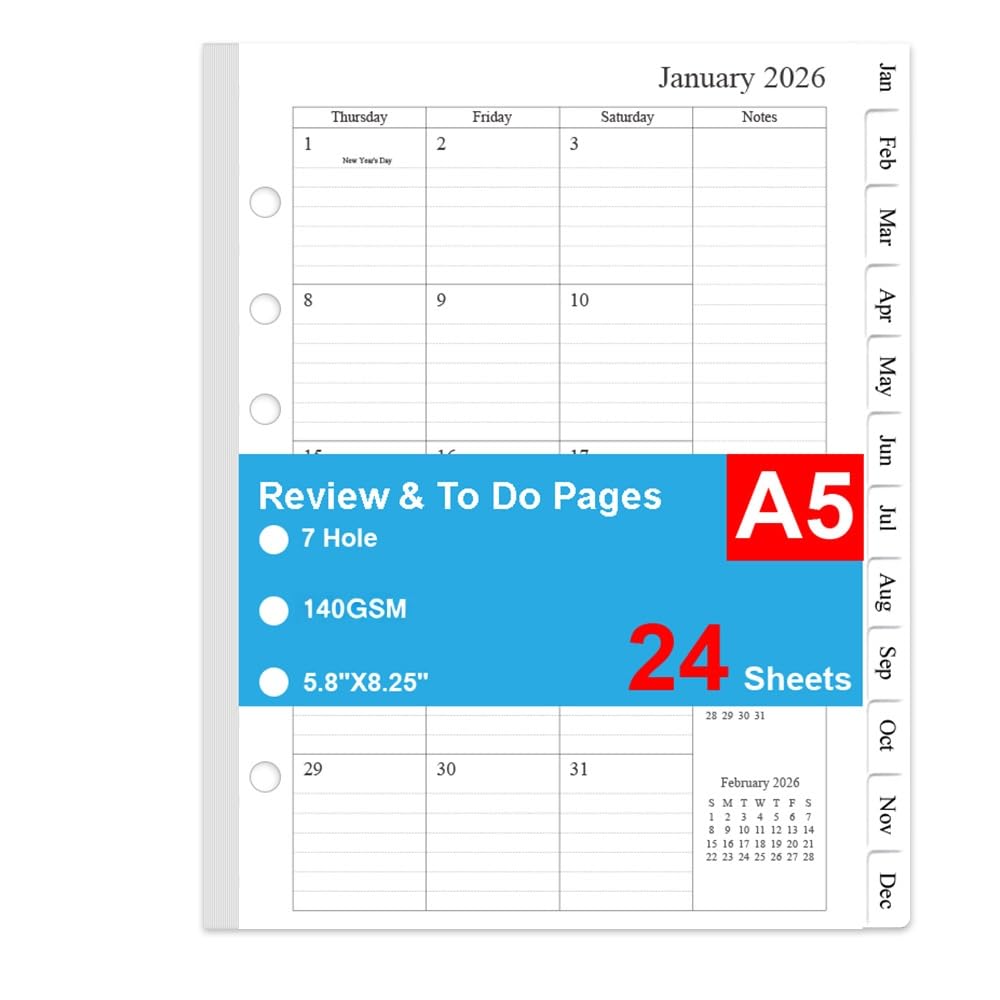 Photo 1 of 2026 Monthly Planner Refills, Two Pages Per Month,Jan 2026 to Dec 2026, A5 Size,5.8" x 8.25",7-holes punched,2026 planner inserts