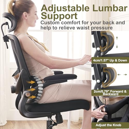 TONFARY Ergonomic Home Office Chair, High Back Mesh Desk Chair with Adjustable Lumbar Support, Flip-up Armrest, Removable Headrest, Swivel Computer Gaming Chair, Space Saving, 150KG (Black)