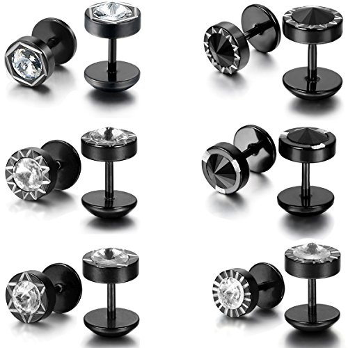 Aroncent 12PCS Men's Stainless Steel Punk Rock Ear Plug Earrings Stud Set Black Gothic