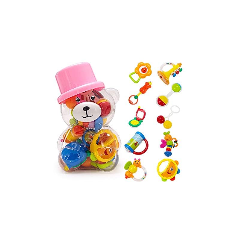 GOODWAY Baby Rattle Teething Toys 3-6-12 Months, 10 Pcs Grab, Shaker and Spin Rattle Toys, Sensory and Fine Motor Skill…