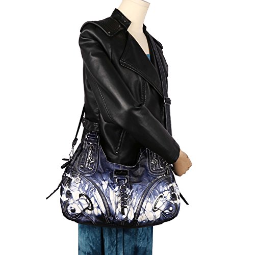 Angelkiss Women Multiple Pockets Purses and Handbags Washed Leather, Two Top Zippers Closure, Deep Blue - Thumbnail 7