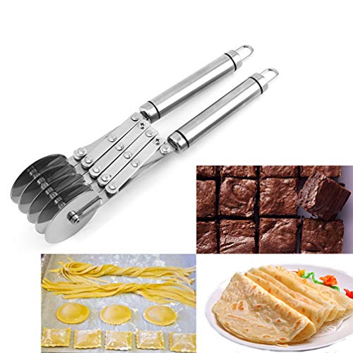 5 Wheel Pastry Cutter with Handle, Wosoova Stainless Steel Expandable Dough Divider Pizza Slicer Knife, Multi-Wheel Baking Cutter Roller for Brownies, Cookies, Cake, Pasta Dough (Handle Design)